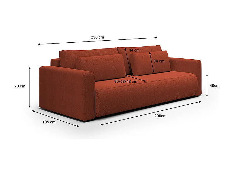 Canapé convertible 3 places coffre Evy Orange Brique