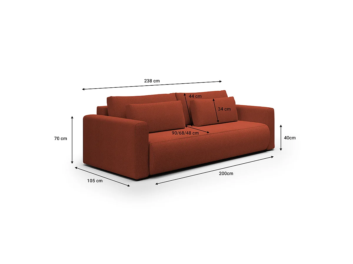 Canapé convertible 3 places avec coffre en tissu orange EVY