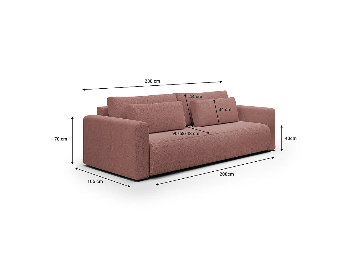 Canapé convertible 3 places avec coffre en tissu rose EVY