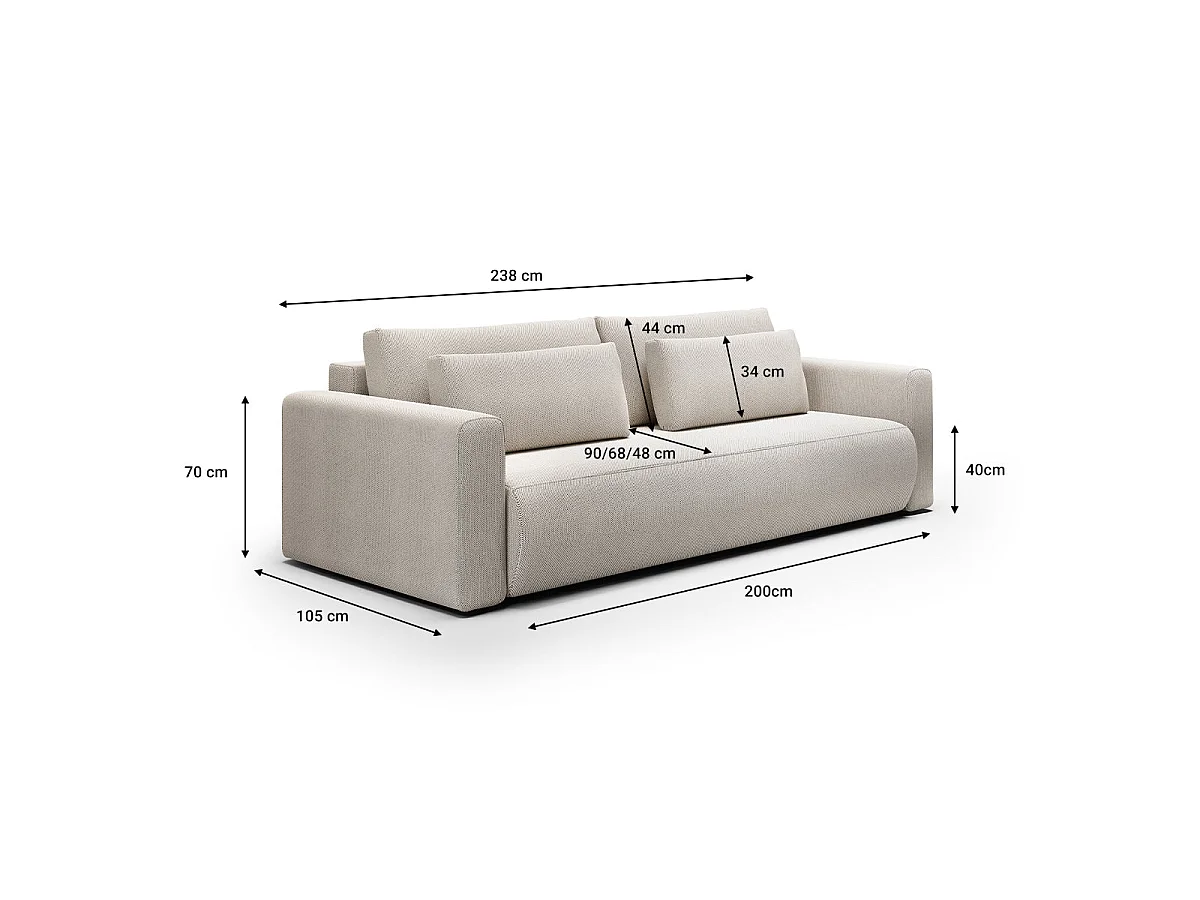 Canapé convertible 3 places avec coffre en tissu gris clair EVY