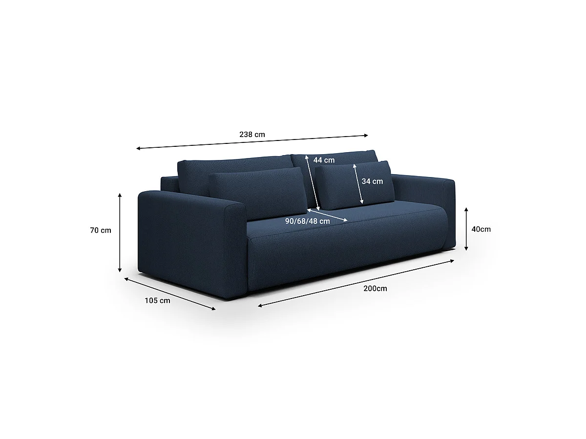 Canapé convertible 3 places avec coffre en tissu bleu EVY
