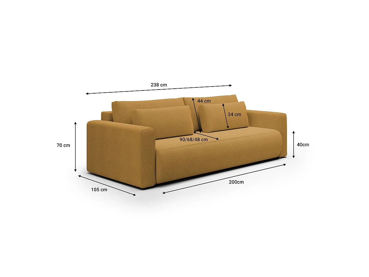 Canapé convertible 3 places avec coffre en tissu jaune EVY