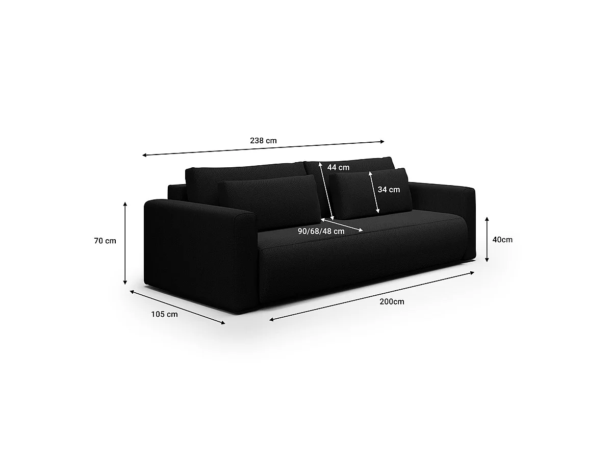 Canapé convertible 3 places avec coffre en tissu noir EVY