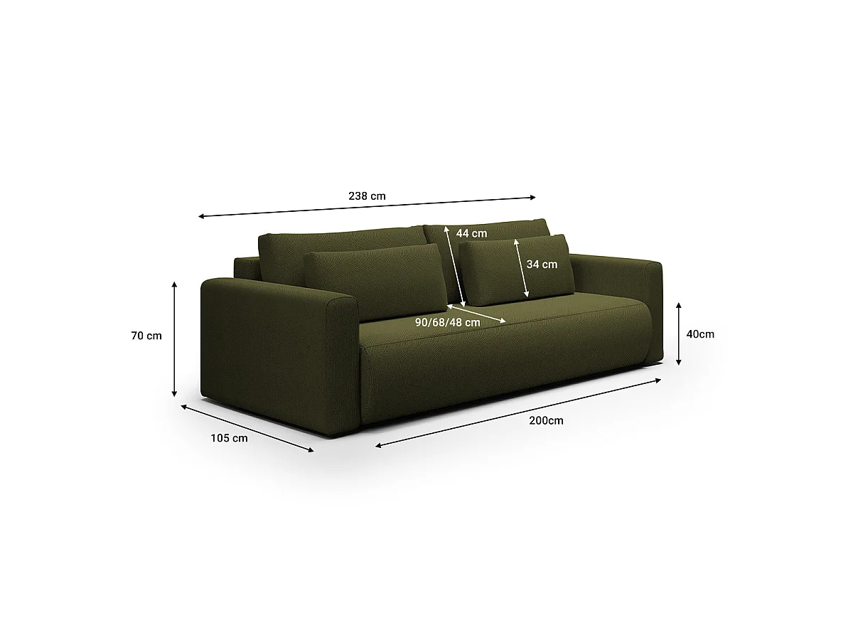 Canapé convertible 3 places avec coffre en tissu vert EVY