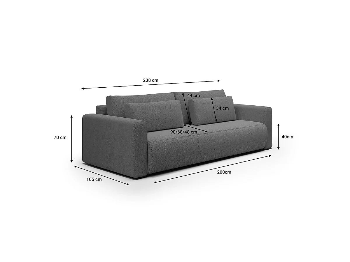 Canapé convertible 3 places avec coffre en tissu gris EVY