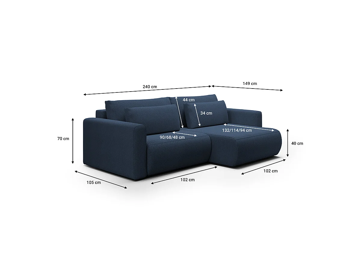 Canapé d'angle convertible 3 places avec coffre en tissu bleu
