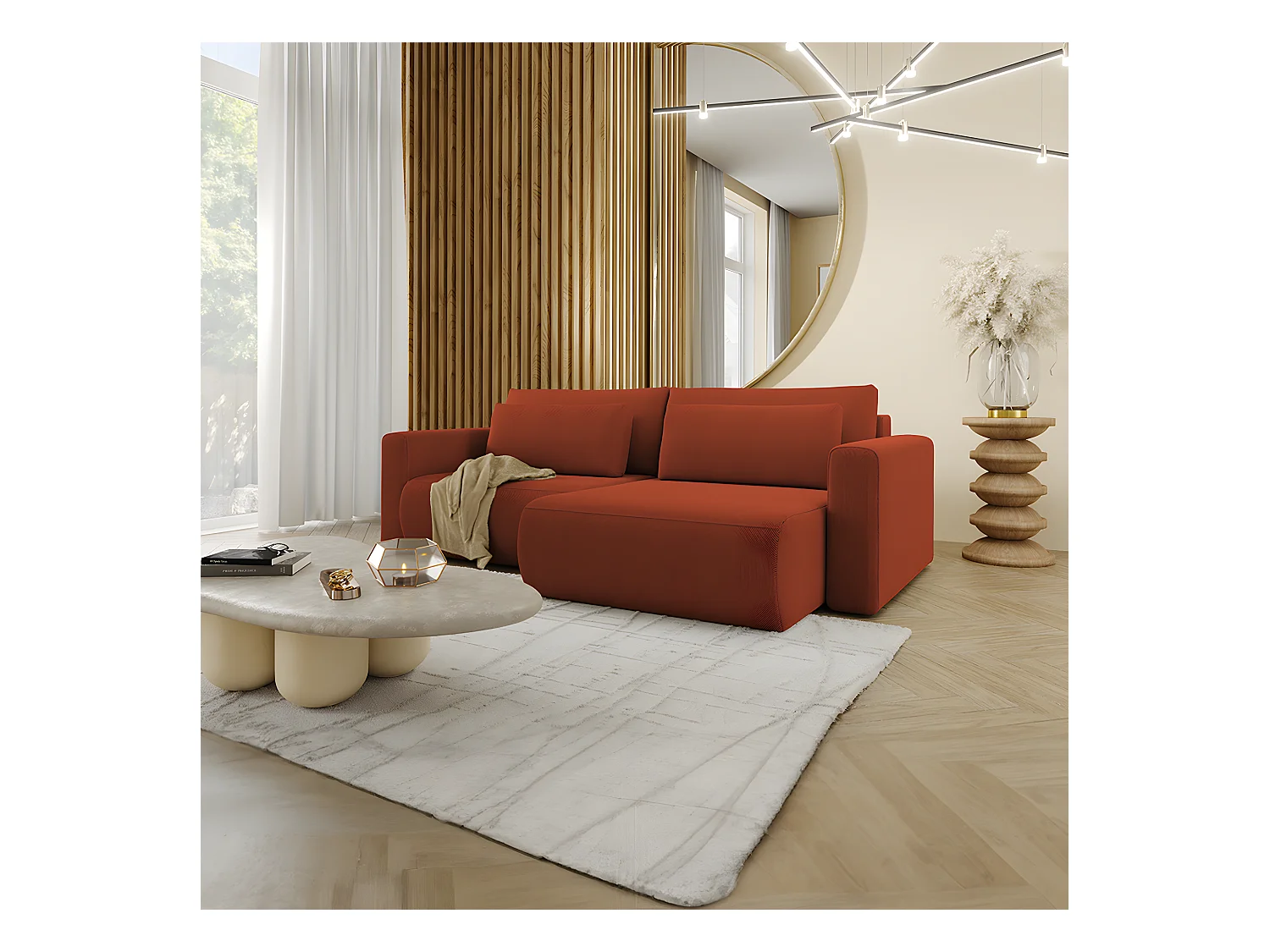 Canapé d'angle réversible convertible 3 places coffre Evy Orange Brique
