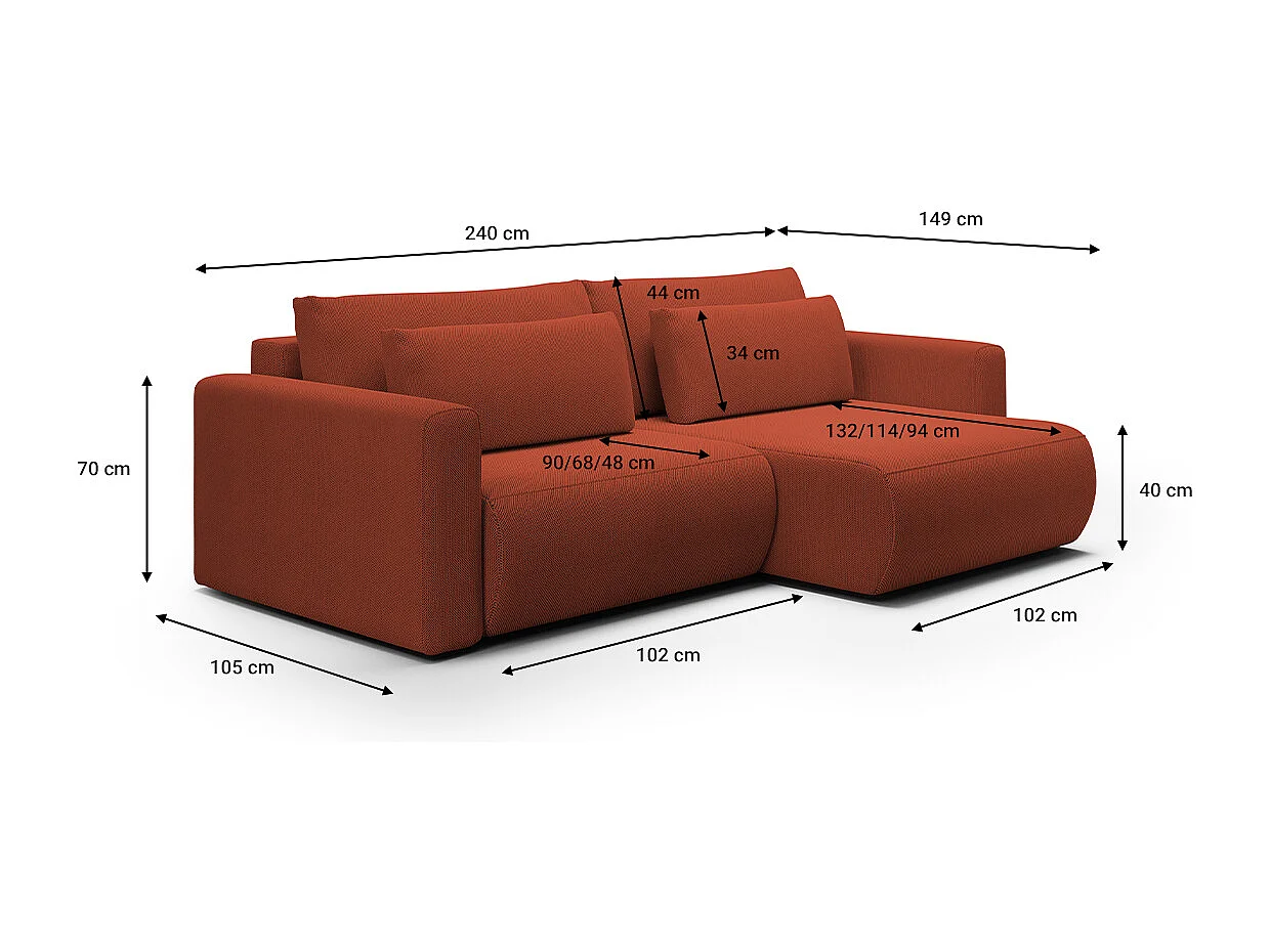 Canapé d'angle réversible convertible 3 places coffre Evy Orange Brique