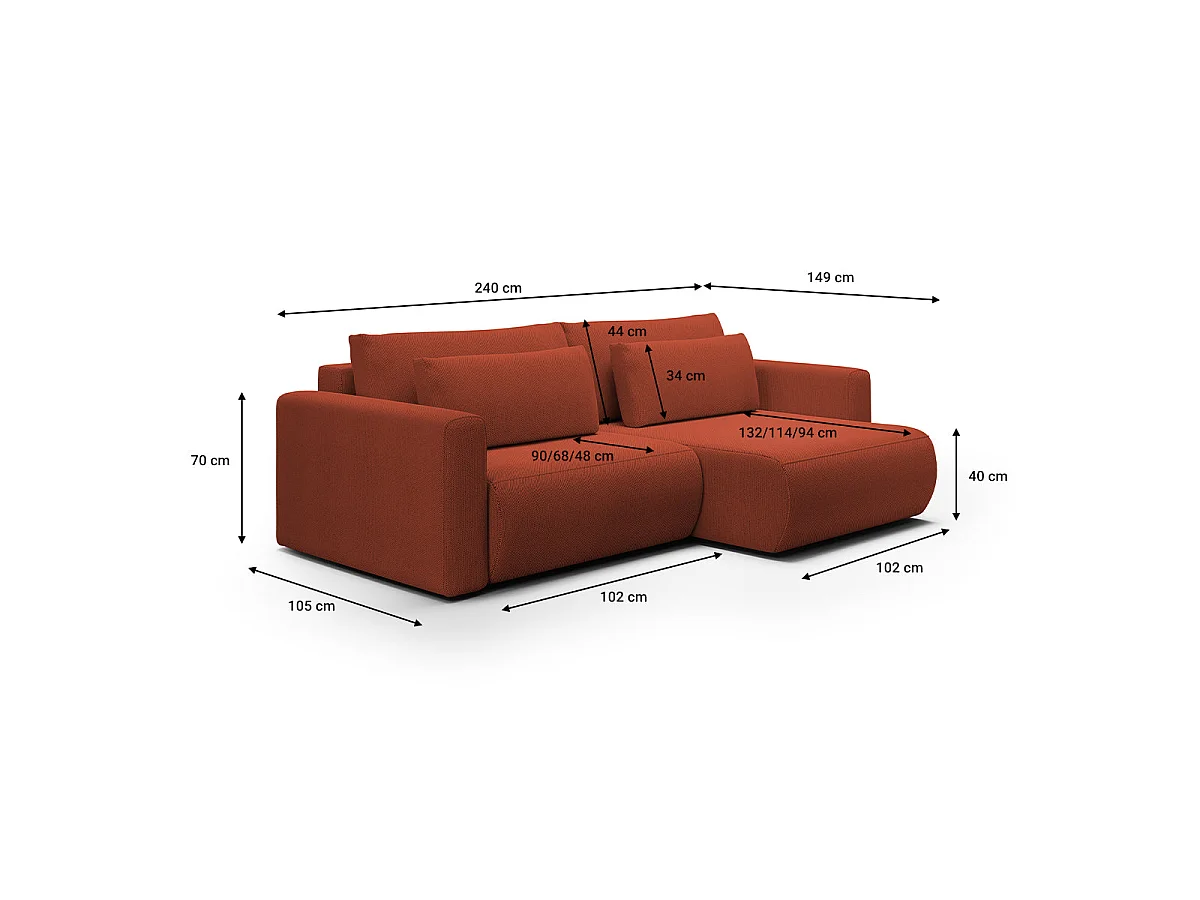 Canapé d'angle convertible 3 places avec coffre en tissu orange