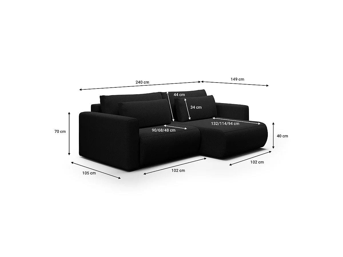 Canapé d'angle convertible 3 places avec coffre en tissu noir