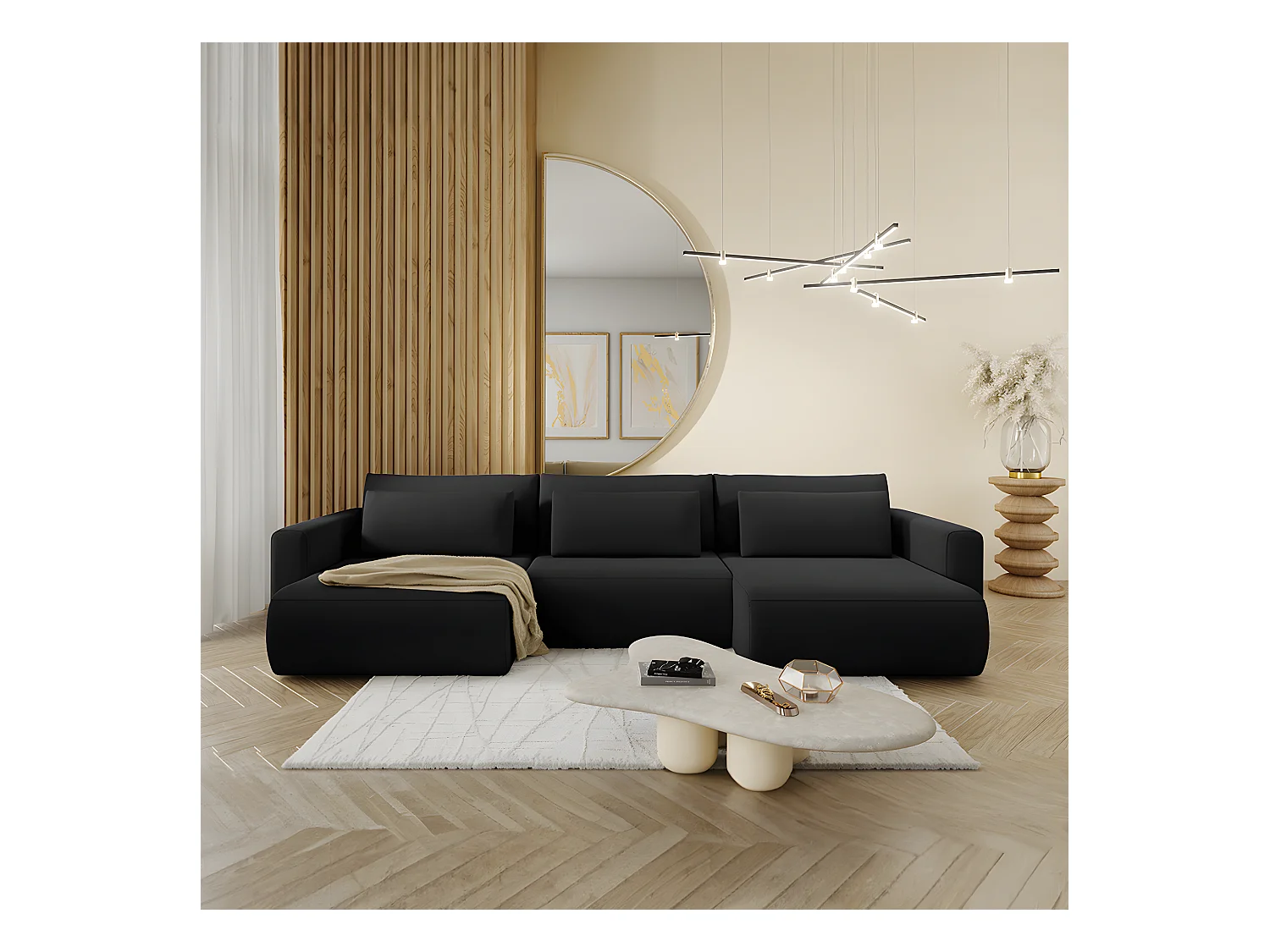 Canapé U 4 places convertible coffre Evy Noir