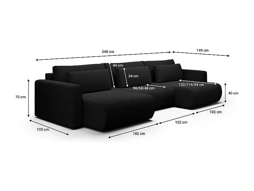 Canapé U 4 places convertible coffre Evy Noir