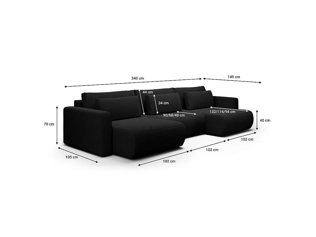 Canapé convertible 4 places avec coffre en tissu noir EVY