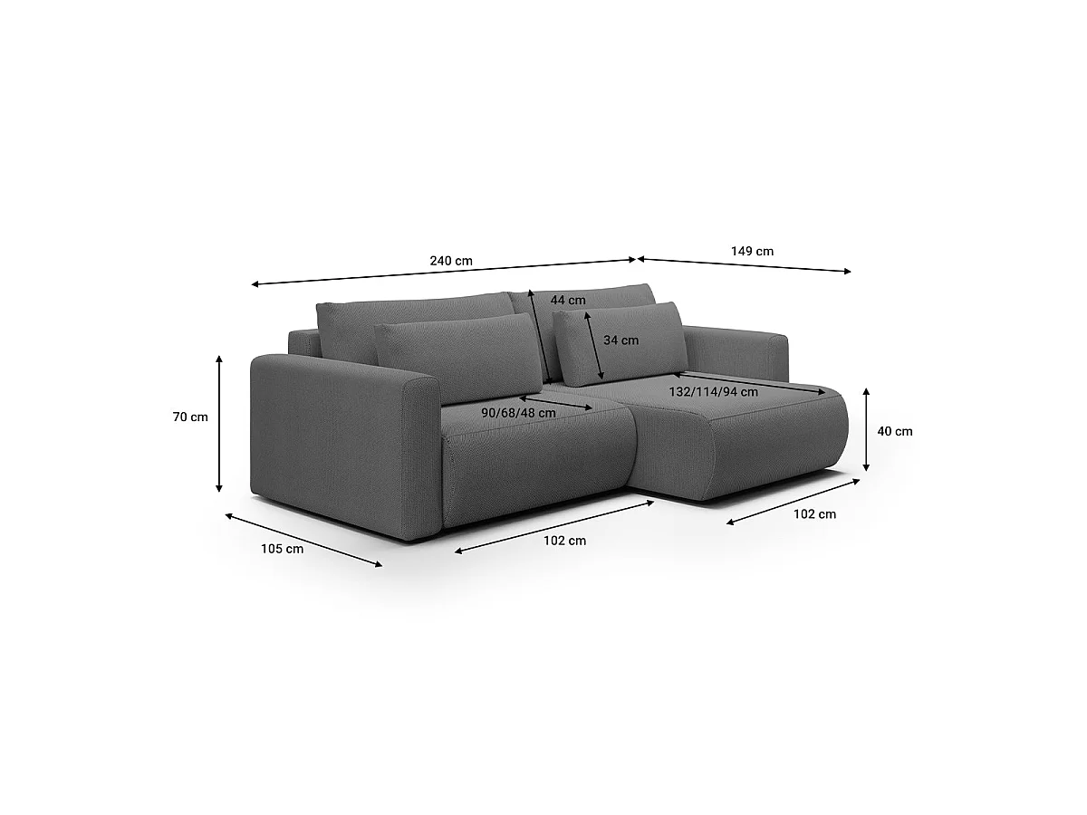 Canapé d'angle convertible 3 places avec coffre en tissu gris