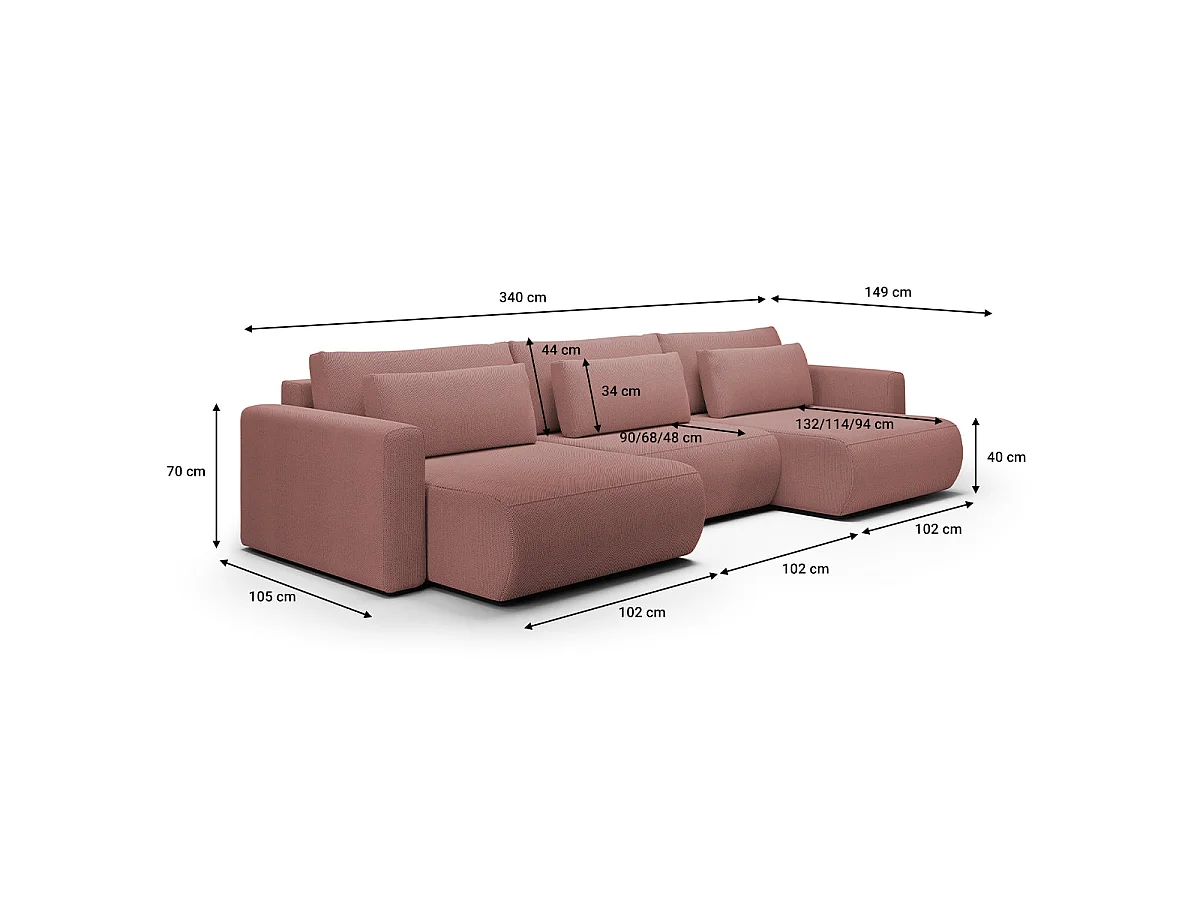 Canapé convertible 4 places avec coffre en tissu rose EVY