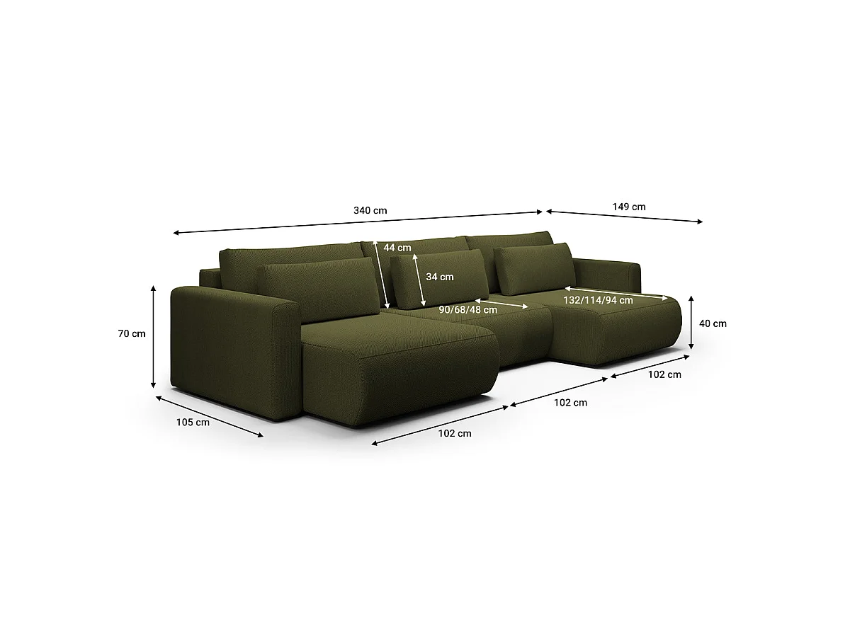Canapé convertible 4 places avec coffre en tissu vert EVY