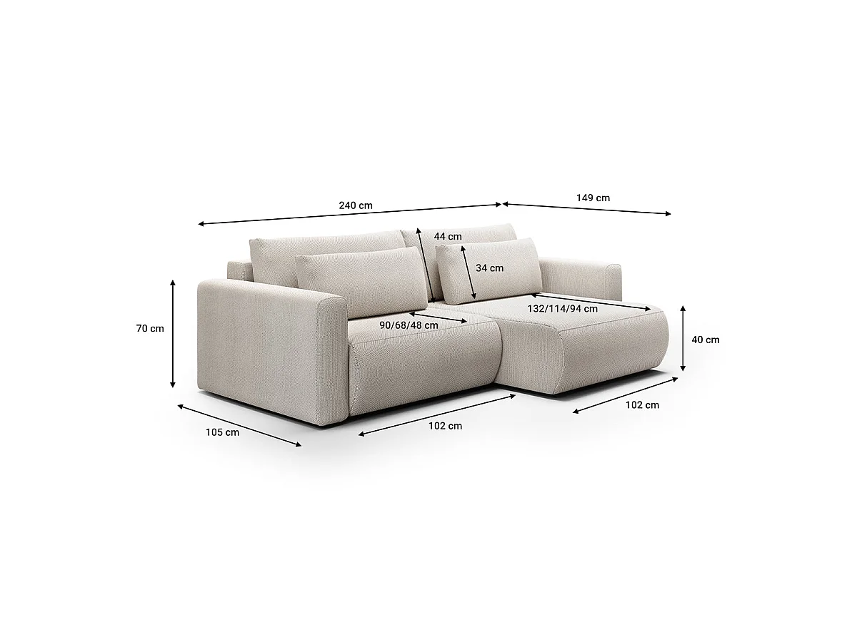 Canapé d'angle convertible 3 places en tissu gris clair EVY