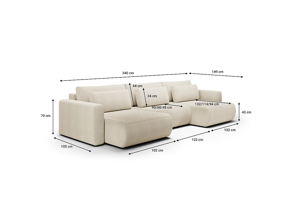 Canapé convertible 4 places avec coffre en tissu beige EVY