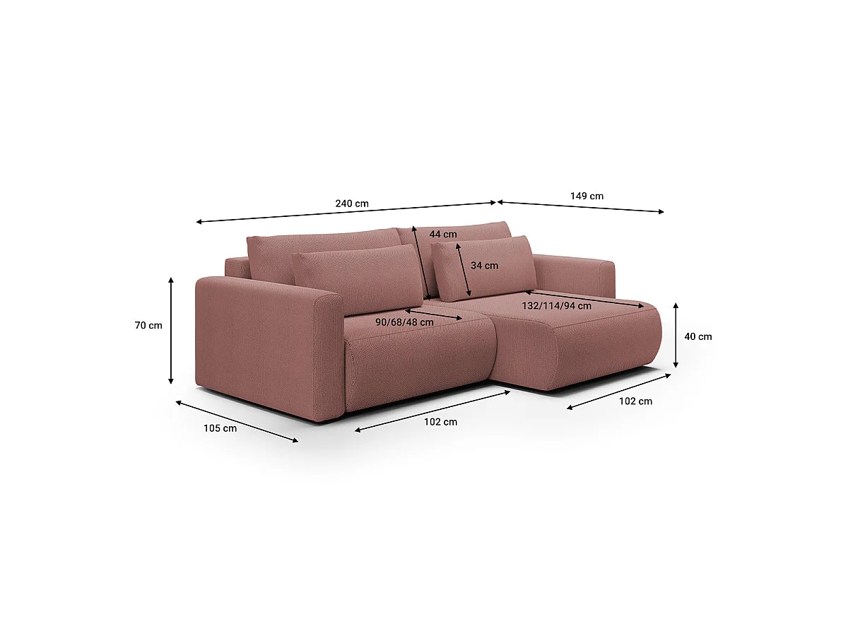 Canapé d'angle convertible 3 places avec coffre en tissu rose