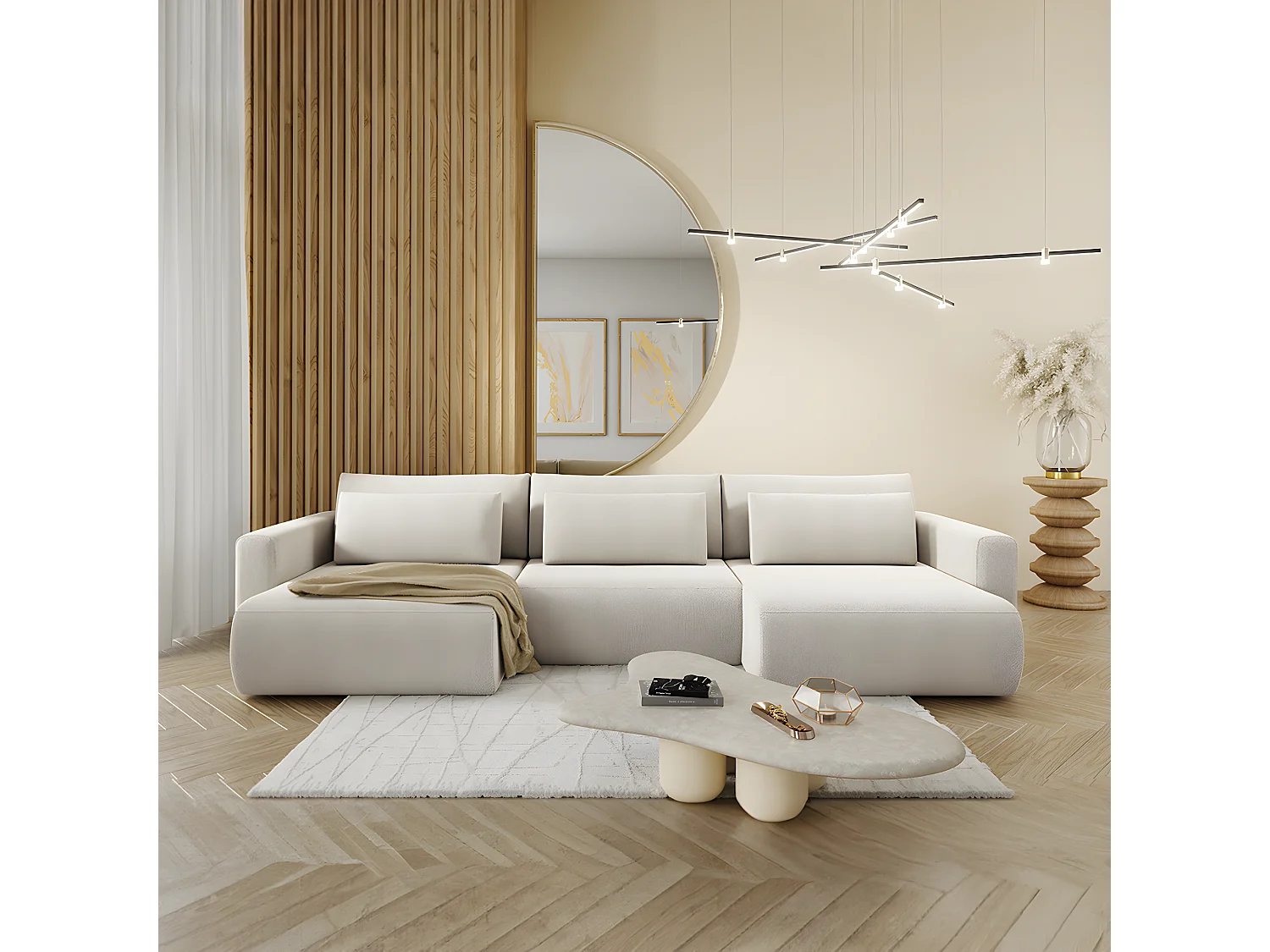 Canapé U 4 places convertible coffre Evy Gris Clair