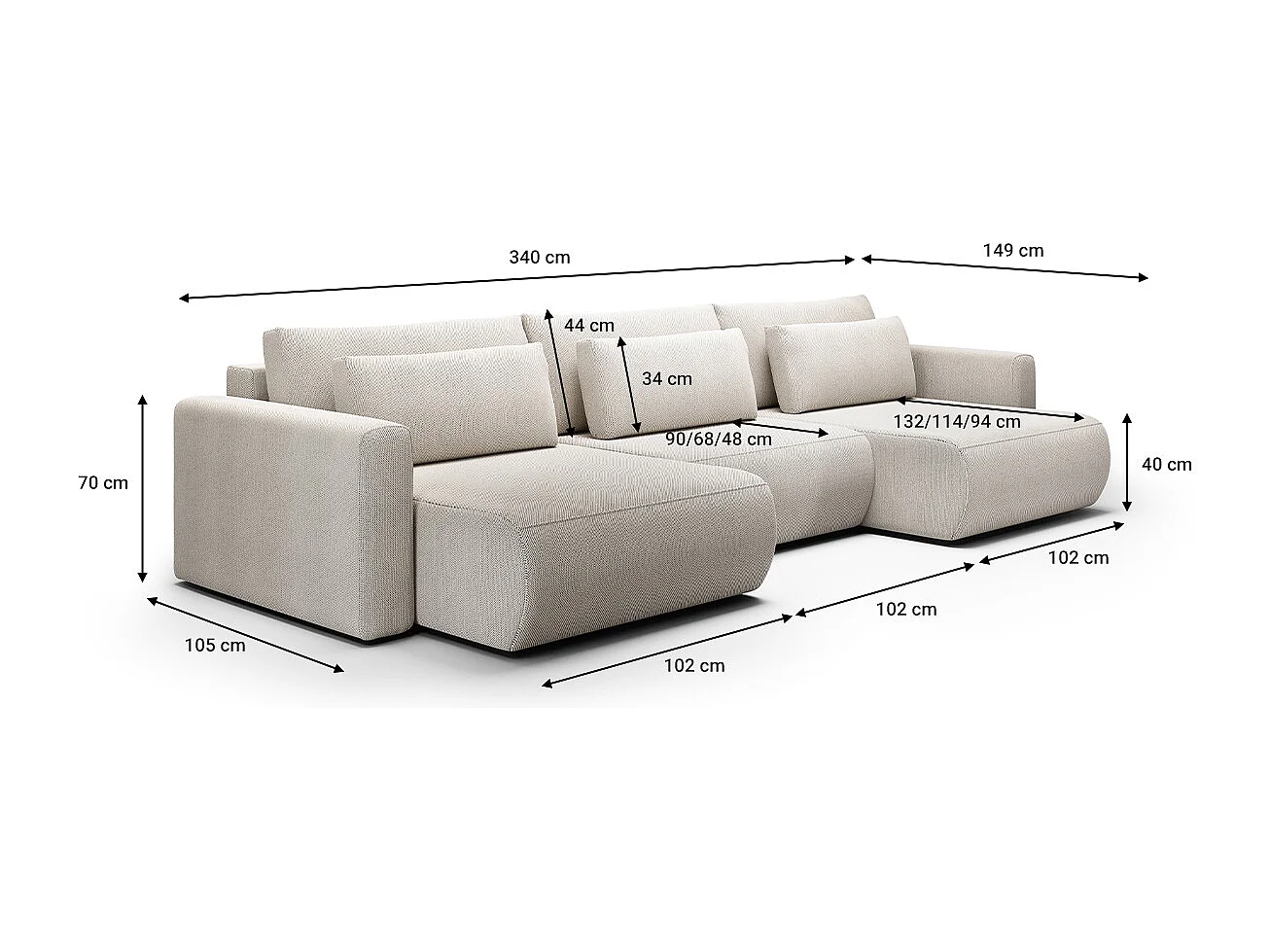 Canapé U 4 places convertible coffre Evy Gris Clair