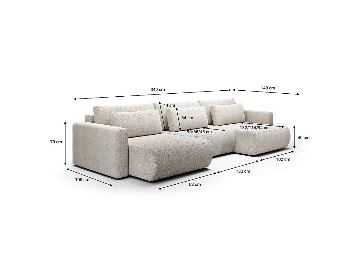 Canapé convertible 4 places avec coffre en tissu gris clair EVY