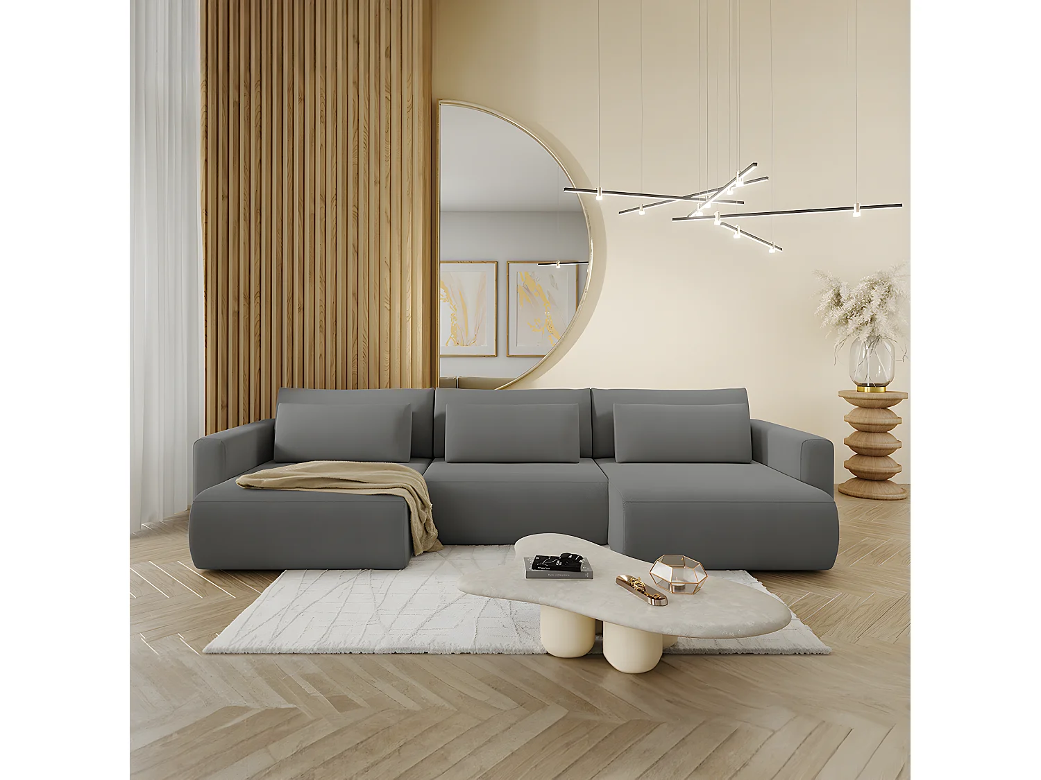 Canapé U 4 places convertible coffre Evy Gris