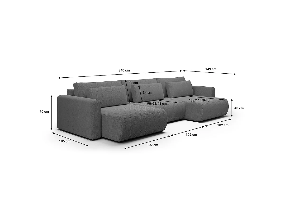Canapé convertible 4 places avec coffre en tissu gris EVY
