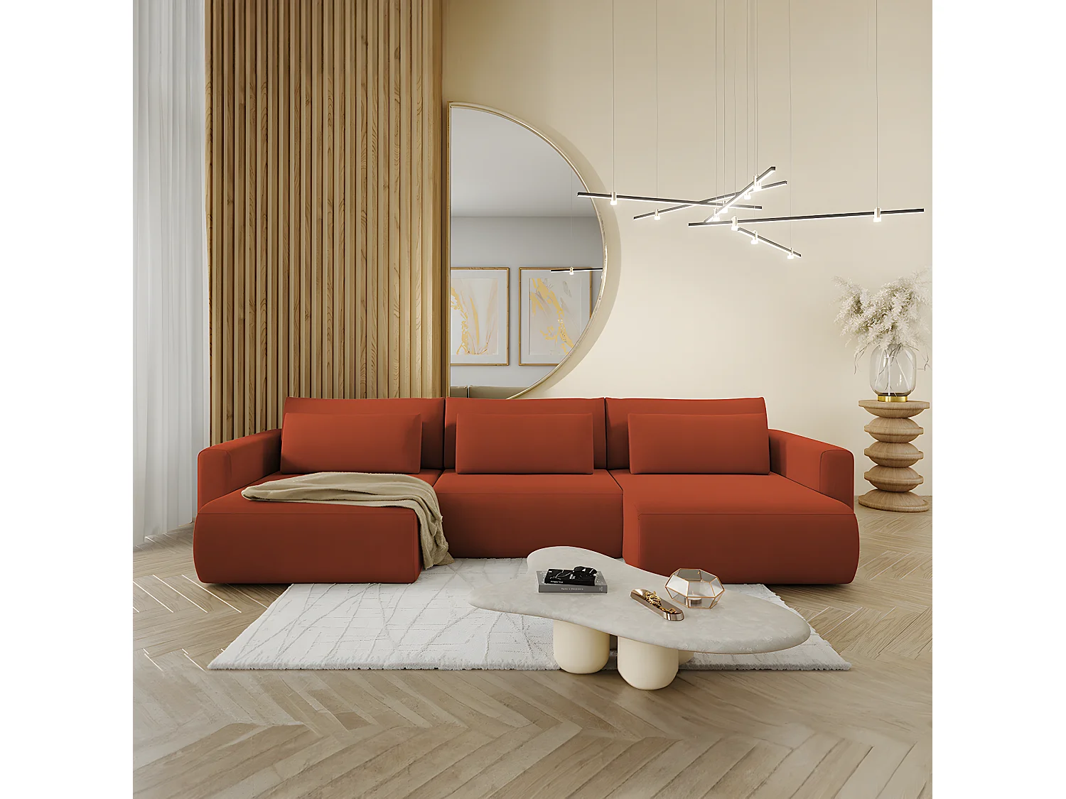 Canapé U 4 places convertible coffre Evy Orange Brique