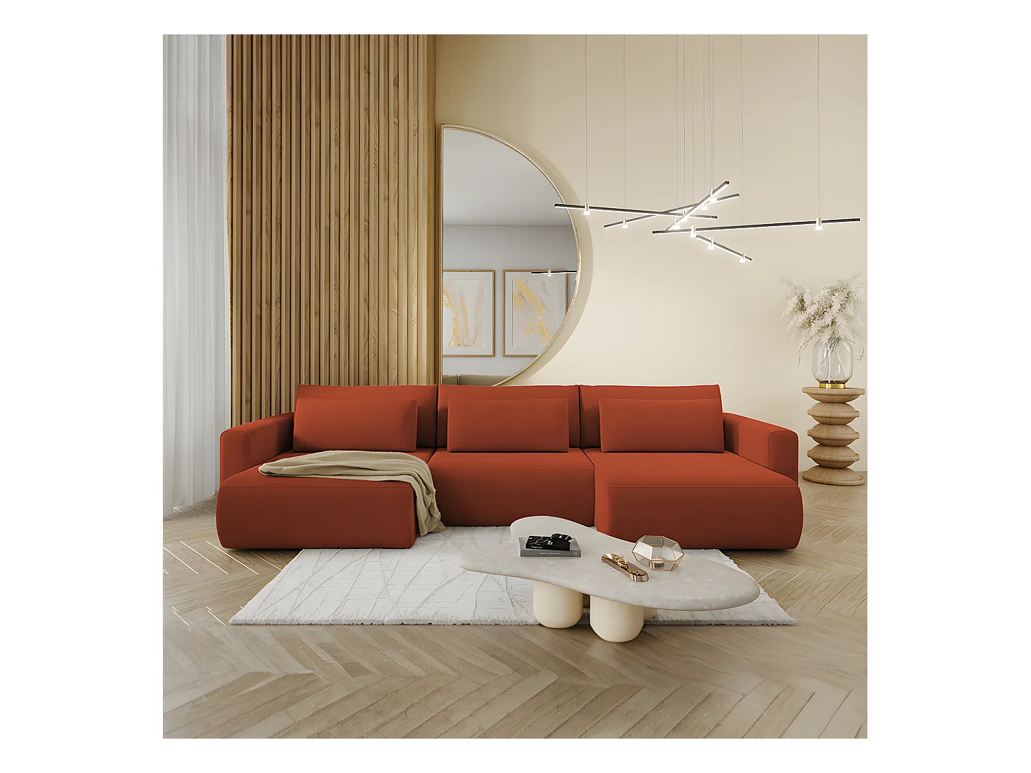 Canapé U 4 places convertible coffre Evy Orange Brique