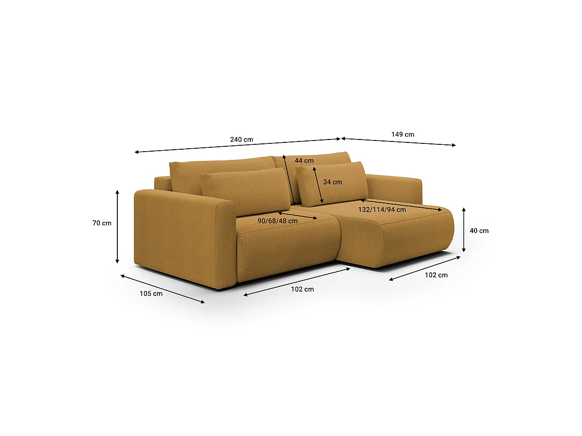 Canapé d'angle convertible 3 places avec coffre en tissu jaune