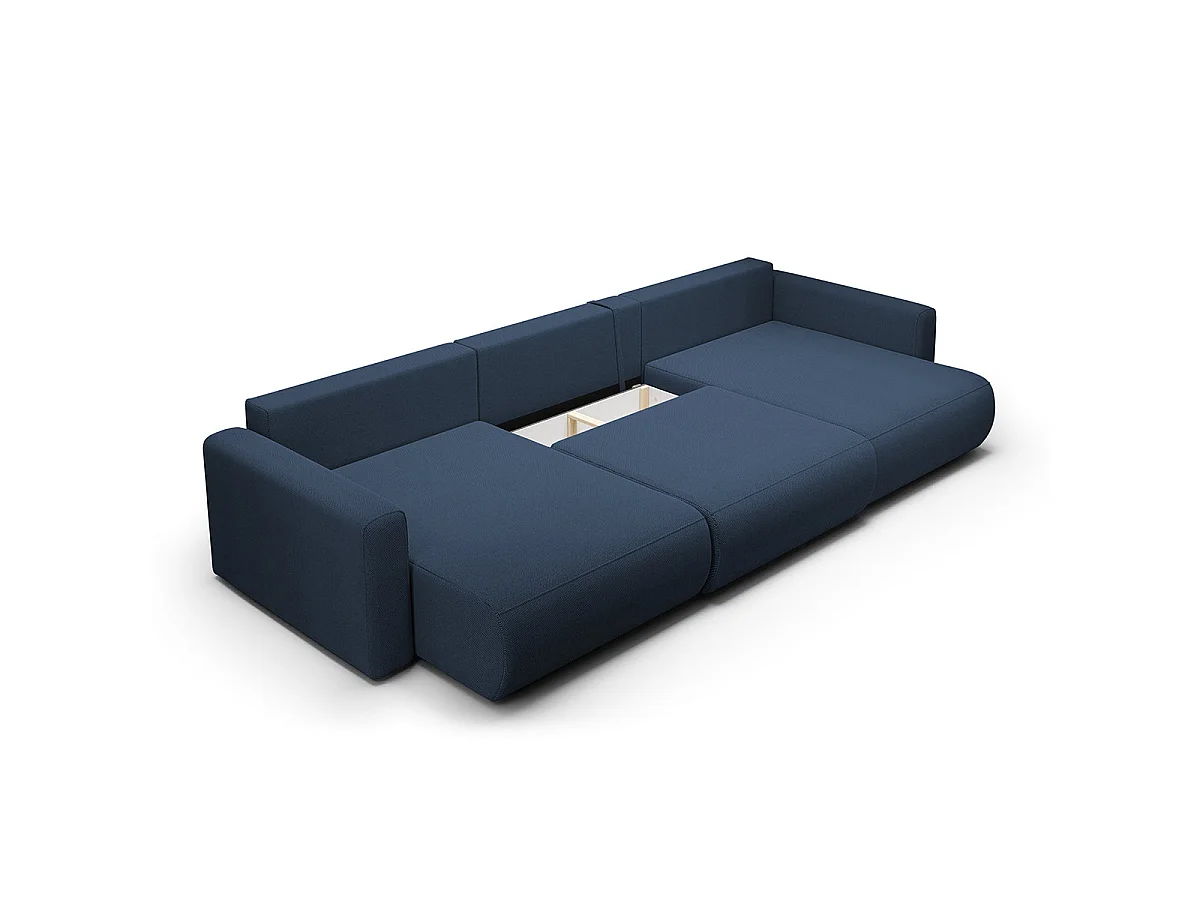 Canapé convertible 4 places avec coffre en tissu bleu EVY