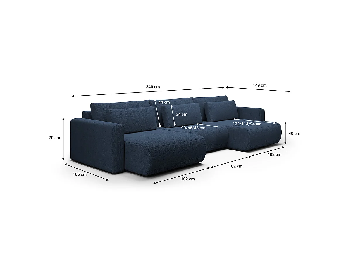 Canapé convertible 4 places avec coffre en tissu bleu EVY