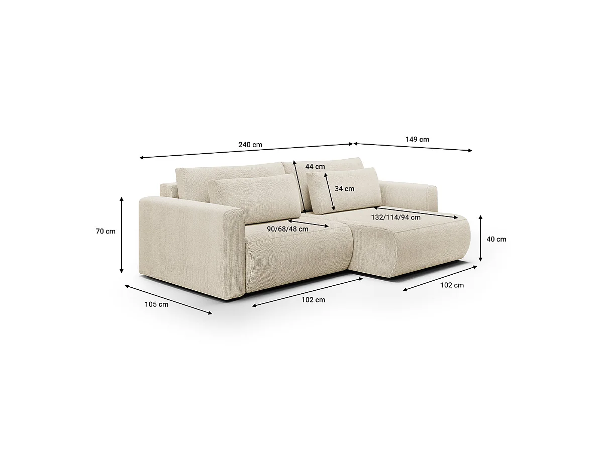 Canapé d'angle convertible 3 places avec coffre en tissu beige