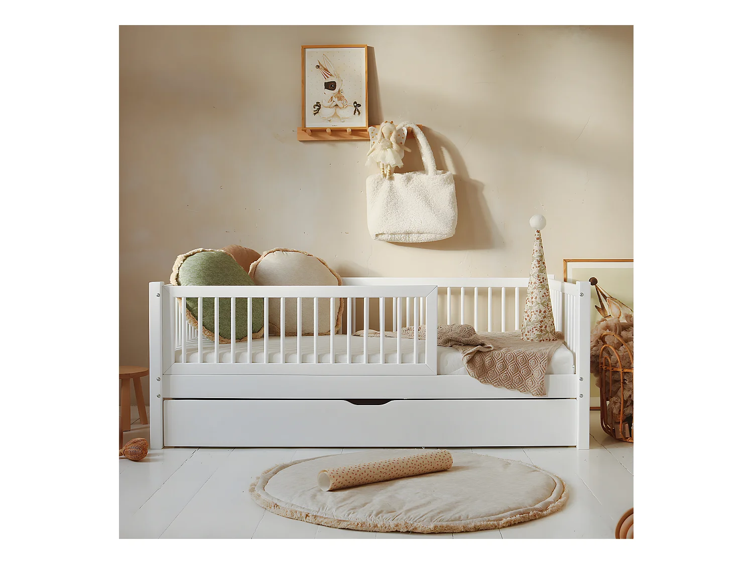 Lit 90x190 barrière sommier et tiroir inclus Sybil Blanc