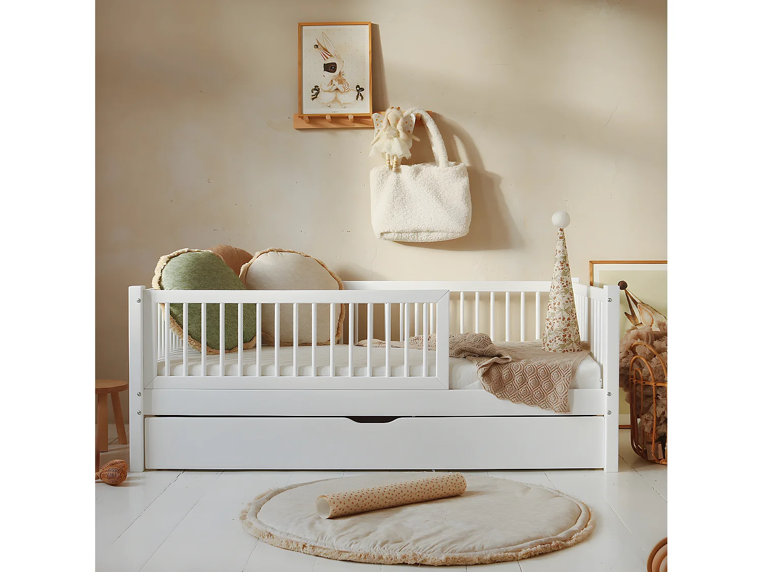 Lit 90x190 barrière sommier et tiroir inclus Sybil Blanc