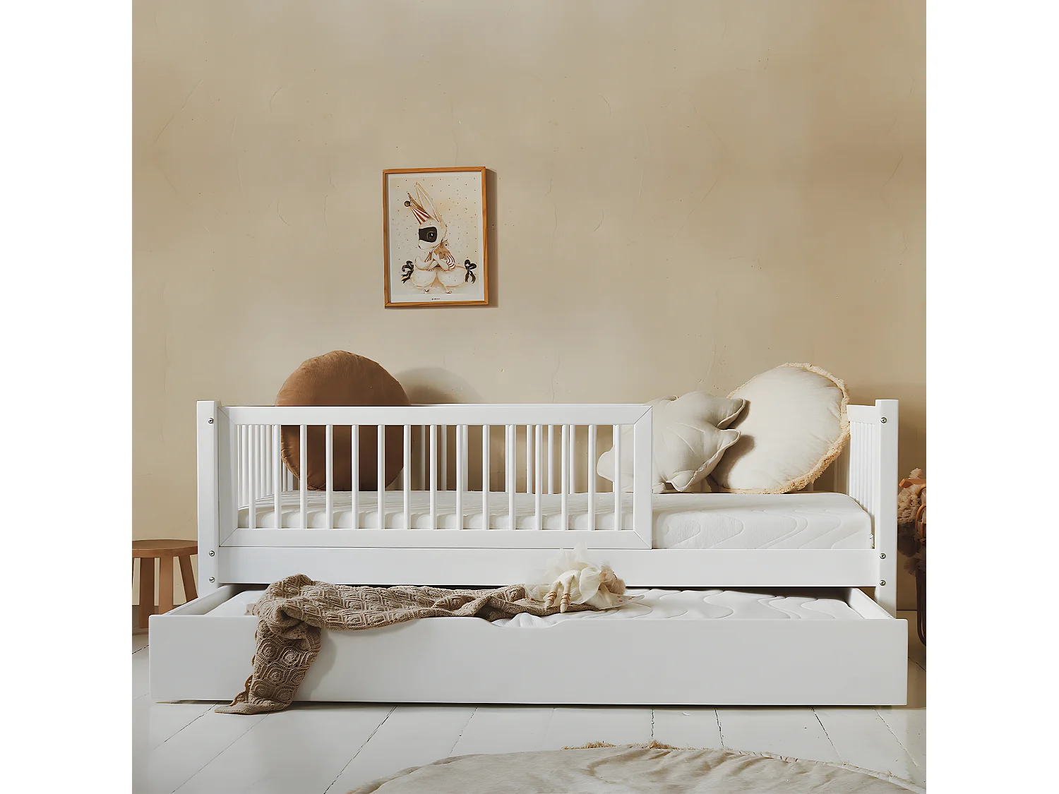 Lit 90x190 barrière sommier et tiroir inclus Sybil Blanc