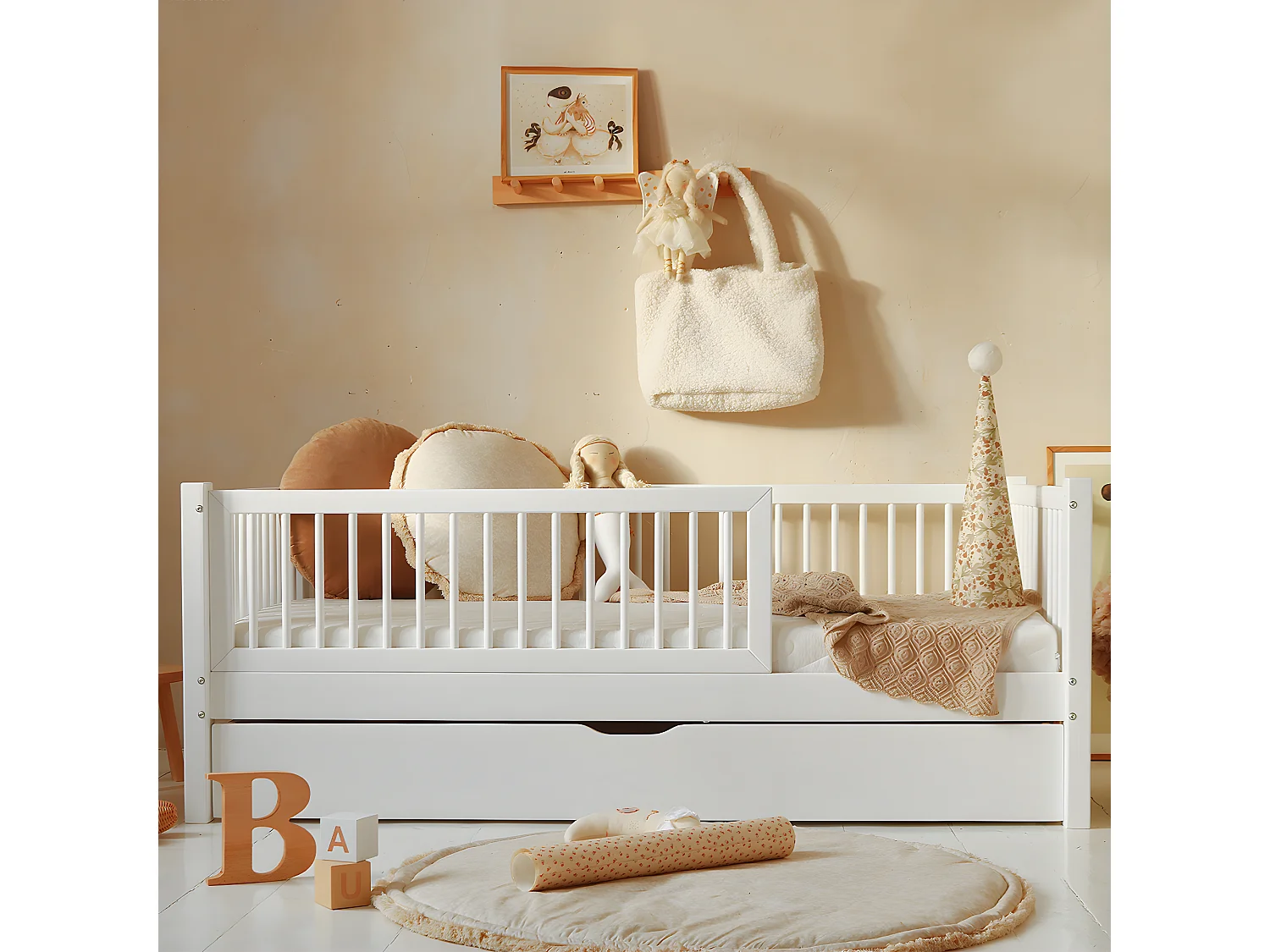 Lit 90x190 barrière sommier et tiroir inclus Sybil Blanc