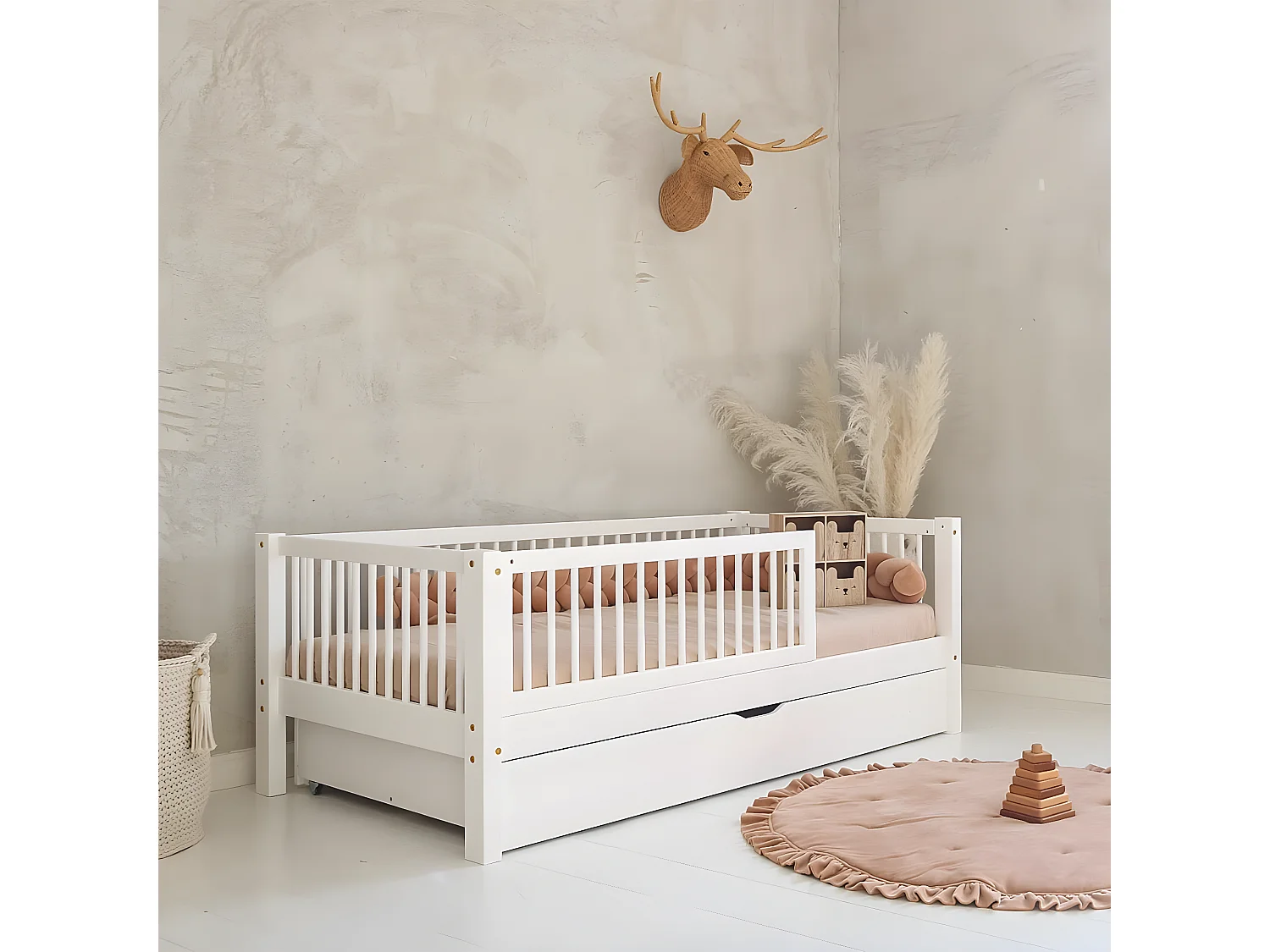 Lit 90x190 barrière sommier et tiroir inclus Sybil Blanc