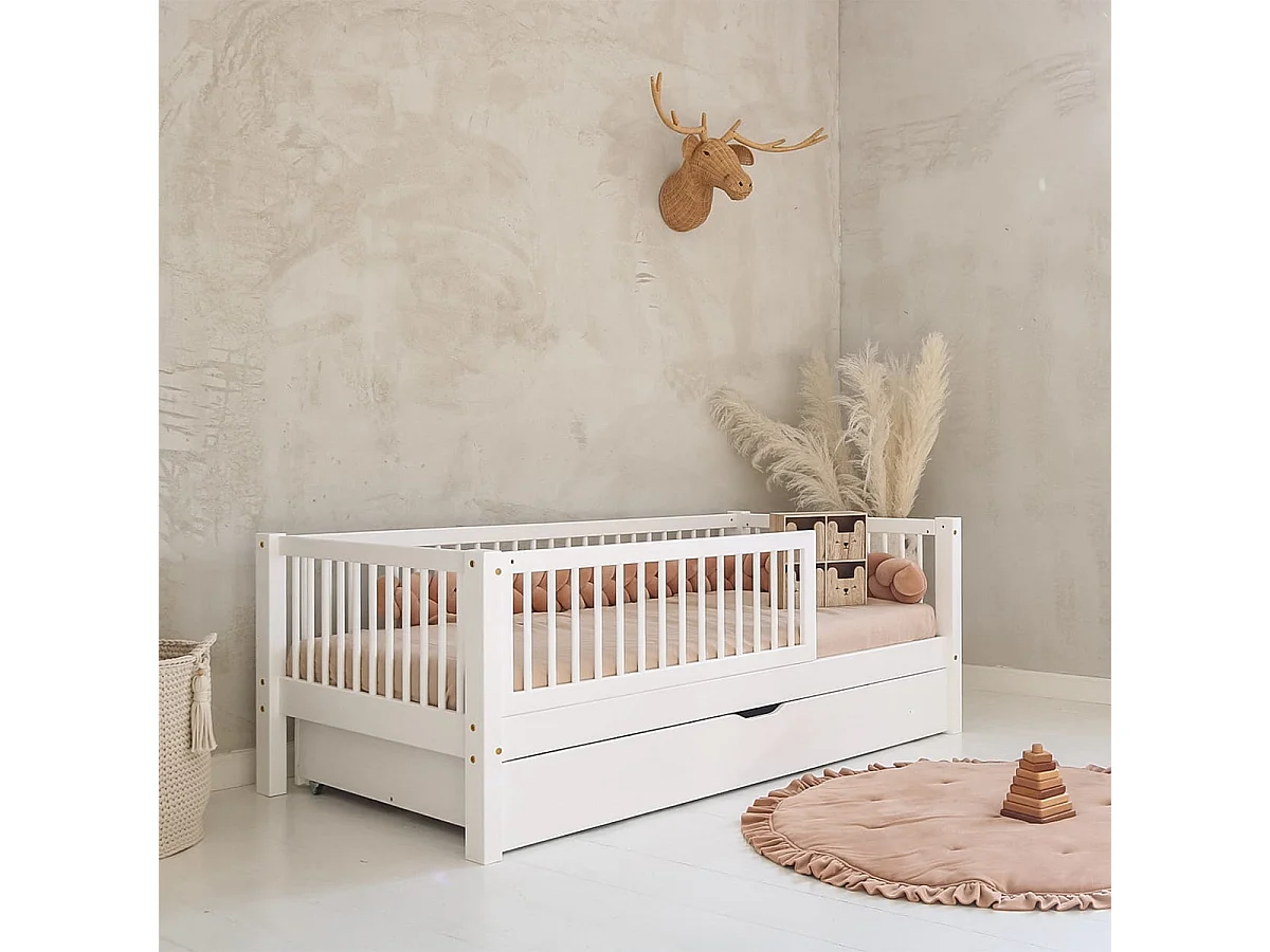 Seng 90x190 barriere lamelbund og skuffe inkl. Sybil Hvid
