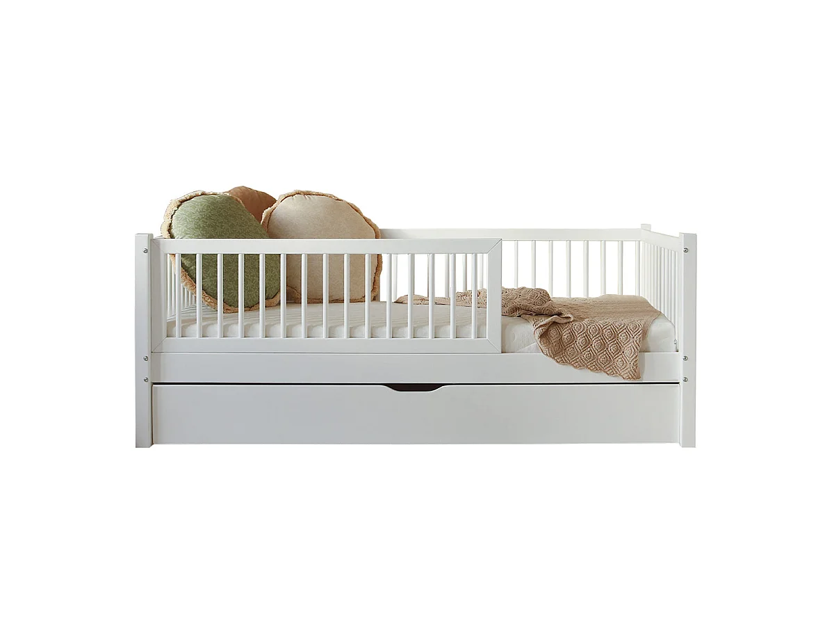 Seng 90x190 barriere lamelbund og skuffe inkl. Sybil Hvid