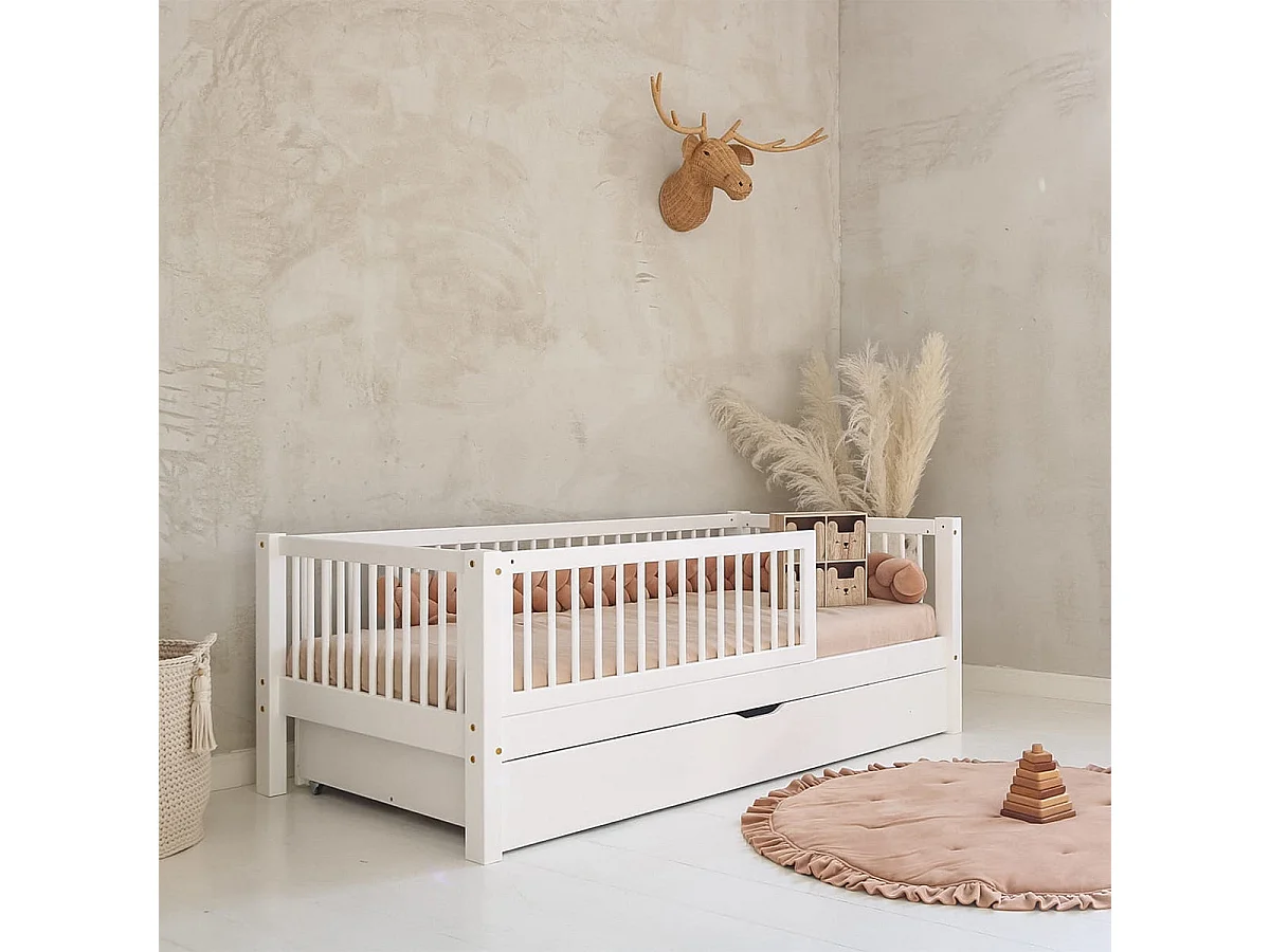 Seng 90x190 barriere lamelbund og skuffe inkl. Sybil Hvid