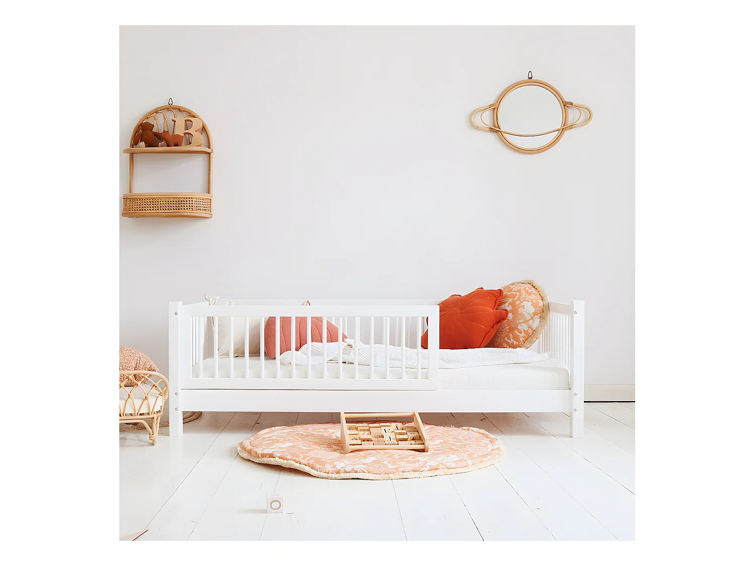Lit 90x190 barrière et sommier inclus pieds 10 cm Sybil Blanc
