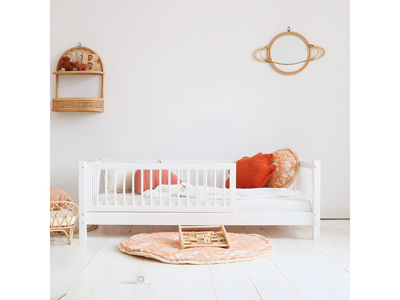 Lit 90x190 barrière et sommier inclus pieds 10 cm Sybil Blanc