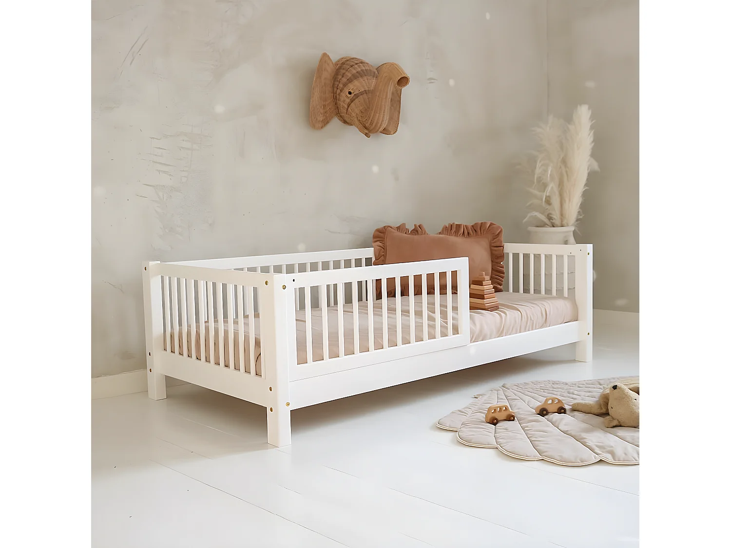 Lit 90x190 barrière et sommier inclus pieds 10 cm Sybil Blanc