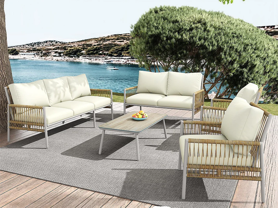 Salon de jardin 7 places - 2 canapés, 2 fauteuils et 1 table basse - structure en Acier galvanisé et Rotin PE - avec coussins amovibles et lavables - Beige