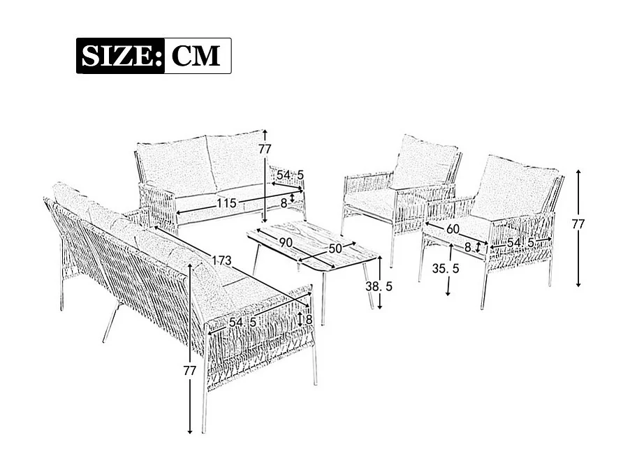 Salon de jardin 7 places - 2 canapés, 2 fauteuils et 1 table basse - structure en Acier galvanisé et Rotin PE - avec coussins amovibles et lavables - Beige