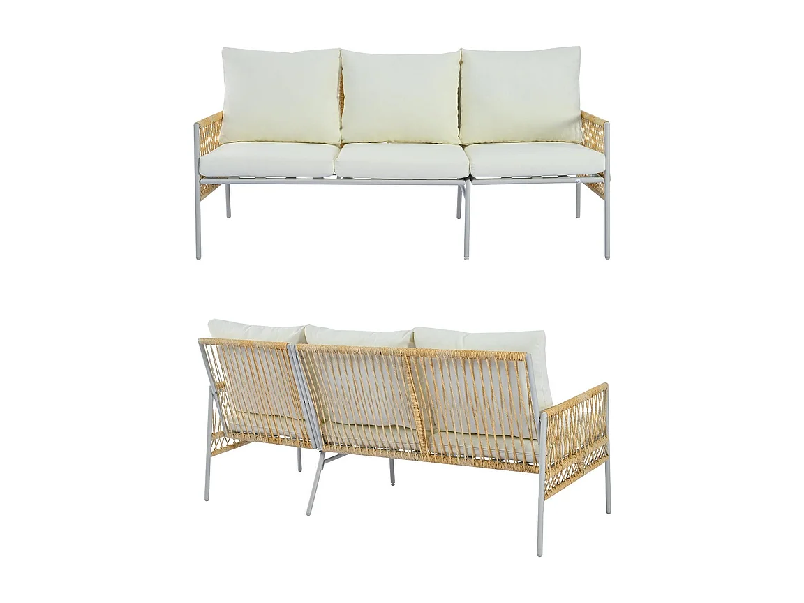 Salon de jardin 7 places - 2 canapés, 2 fauteuils et 1 table basse - structure en Acier galvanisé et Rotin PE - avec coussins amovibles et lavables - Beige