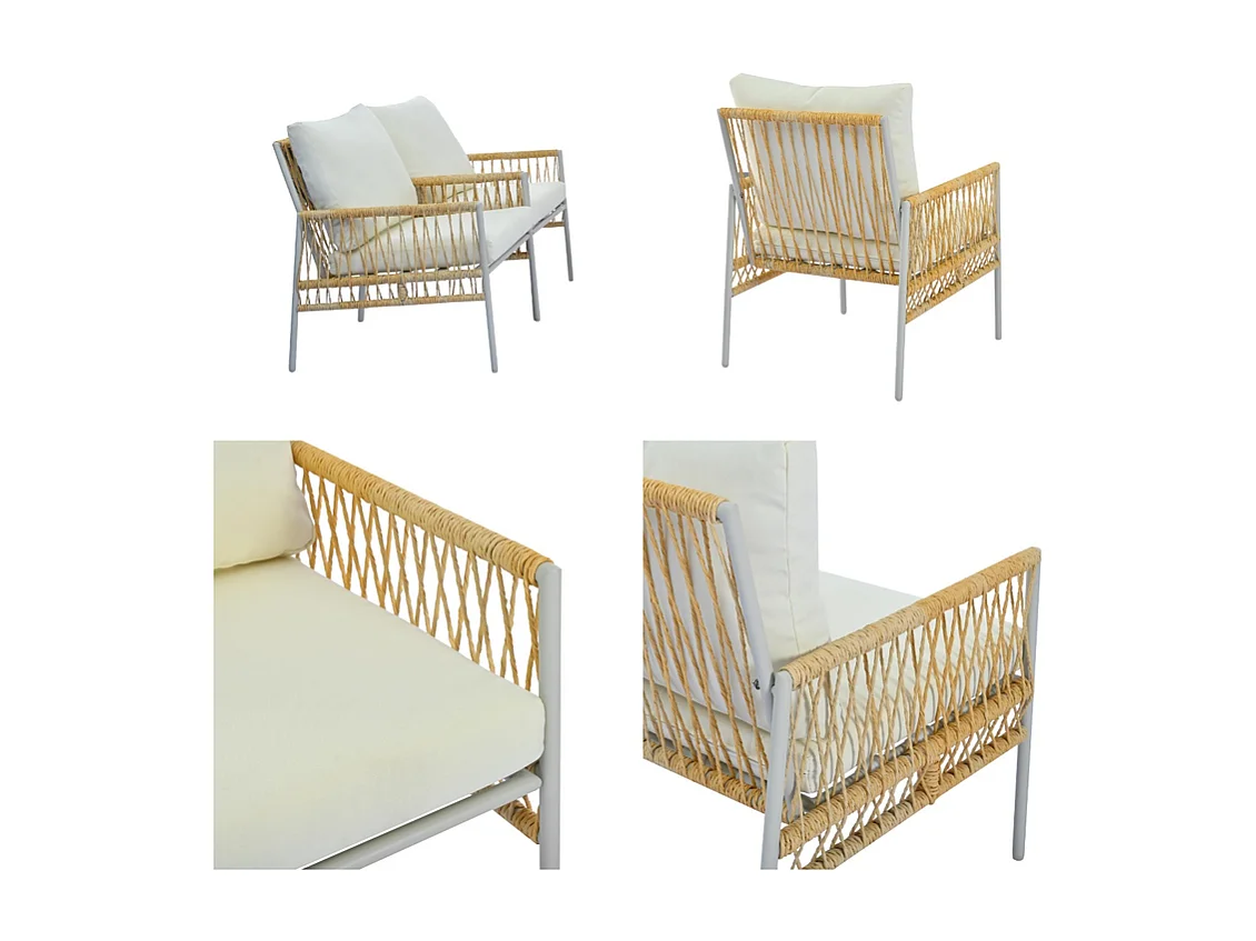 Salon de jardin 7 places - 2 canapés, 2 fauteuils et 1 table basse - structure en Acier galvanisé et Rotin PE - avec coussins amovibles et lavables - Beige