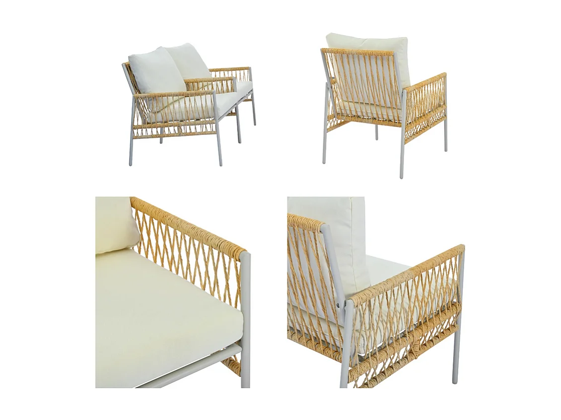 7-zits tuinmeubelen - 2 zitbanken, 2 fauteuils en 1 salontafel - gegalvaniseerd staal en PE rotan structuur - met afneembare en wasbare kussens - Beige